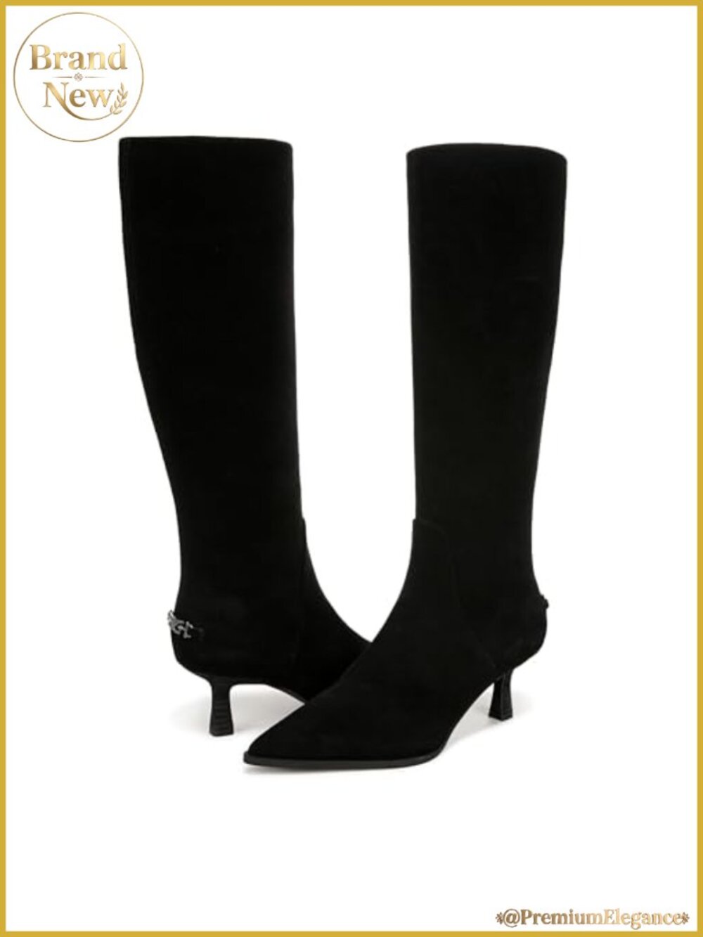 Knee High Kitten Heel Pointed Toe Boots Leather Zipper